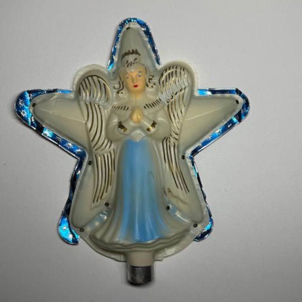 Vintage Angel Christmas Tree Topper Blue Silver Star Plastic 8 Inch